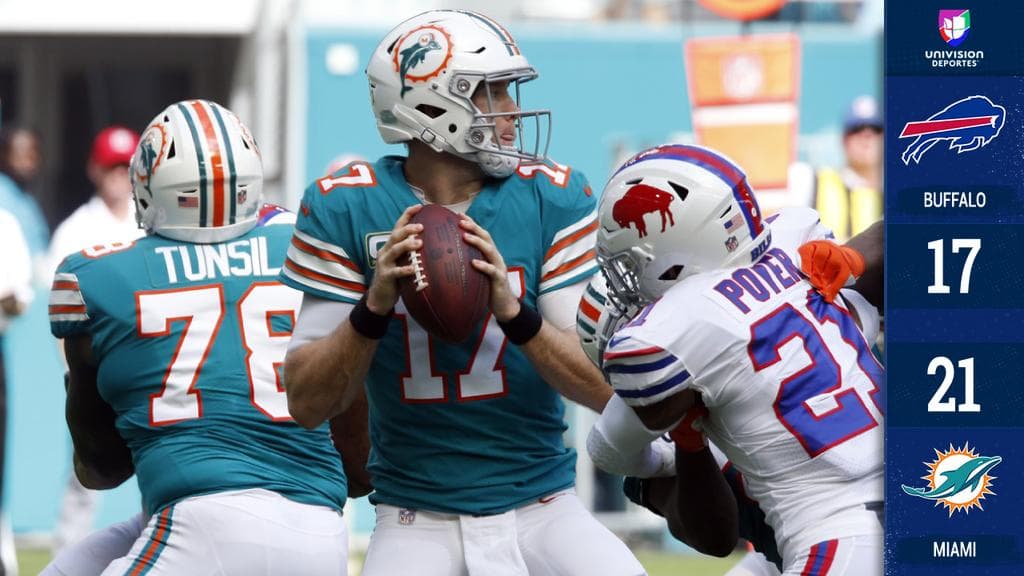 <b>Buffalo 17-21 Miami</b>. Un costoso castigo de Jordan Phillips, burlándose de su exequipo, afectó a los Bills quienes cayeron con los Dolphins. Ryan Tanehill lanzó tres pases de anotación.