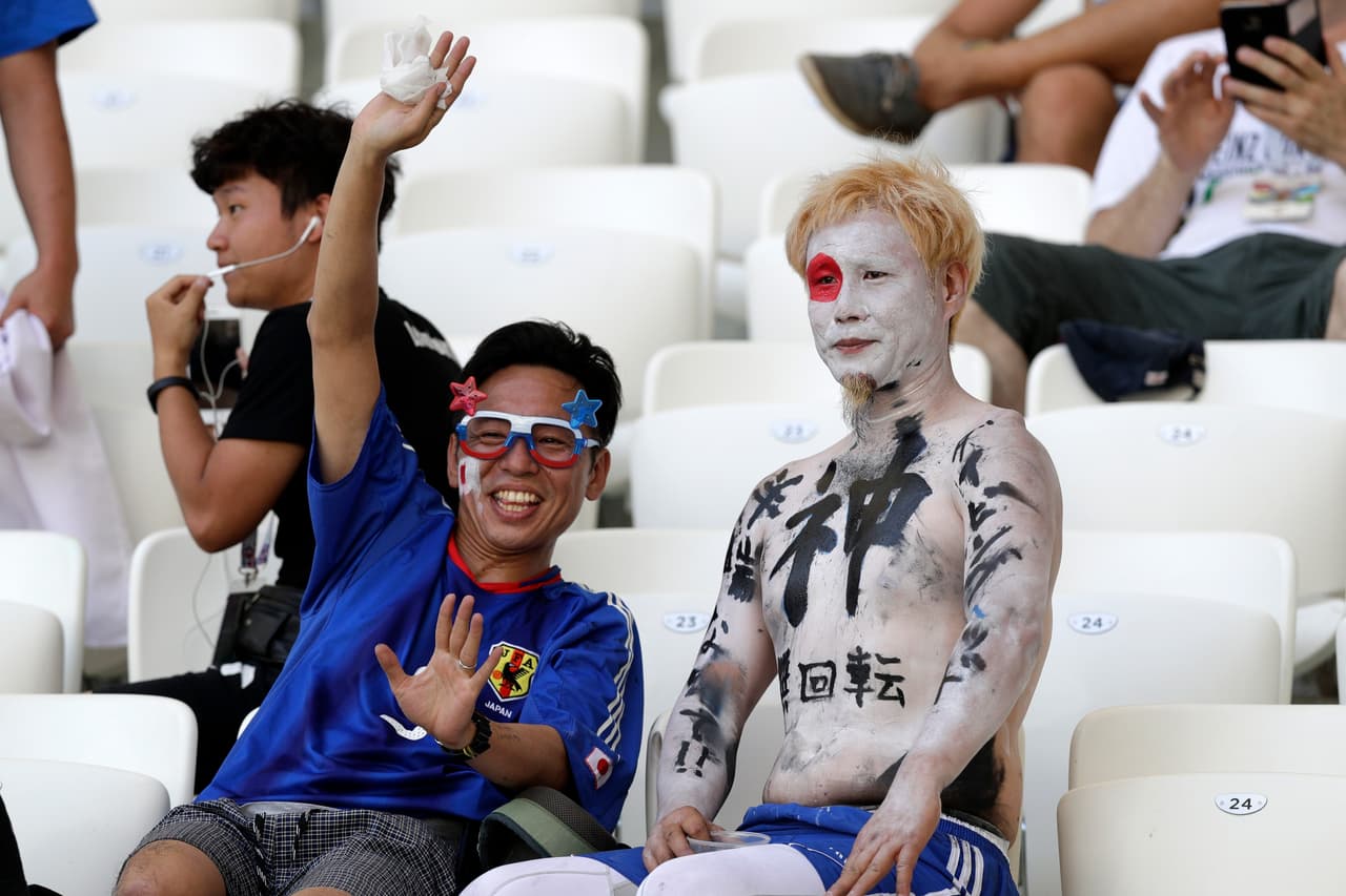Japanese fans wait for the start of the group H match between Japan and Poland at the 2018 soccer World Cup at the Volgograd Arena in Volgograd, Russia, Thursday, June 28, 2018. (AP Photo/Andrew Medichini)