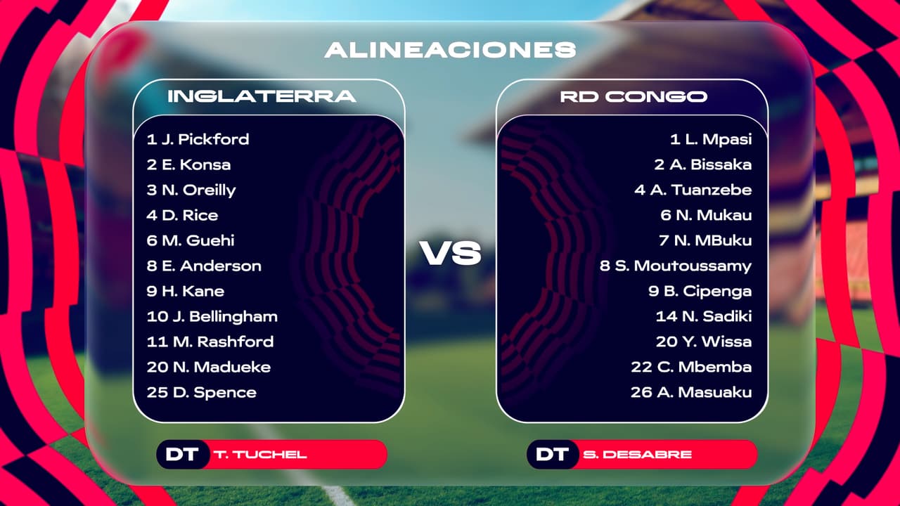 Alineaciones del Inglaterra vs. RD Congo, partido de Dieciseisavos de Final del Mundial