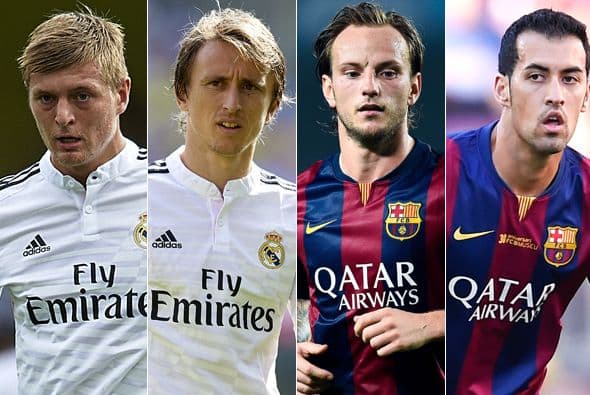 El mediocampo también tendrá duelos de interés. Dos nuevos en el clásico se verán con frecuencia tratando de ganar el control. Toni Kroos y Modric , batallarán contra Rakitic y Busquets (o Mascherano) por la posesión. El Barcelona posiblemente complete el triángulo con Xavi. El partido comenzará a definirse en esta zona.