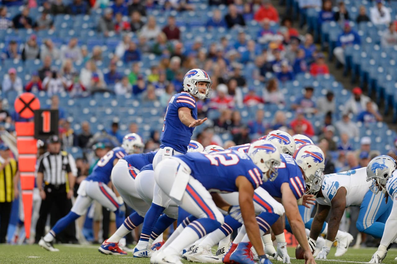 Buffalo Bills quarterback Nathan Peterman (2) calls out to his team during the first half of a preseason NFL football game against the Detroit Lions Thursday, Aug. 31, 2017, in Orchard Park, N.Y. (AP Photo/Adrian Kraus)