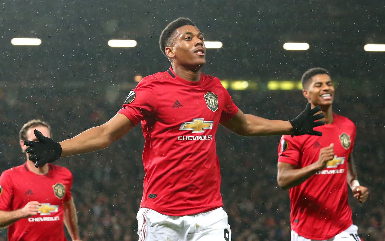 MANCHESTER, ENGLAND - NOVEMBER 07: Anthony Martial of Manchester United celebrates after scoring his team's second goal during the UEFA Europa League group L match between Manchester United and Partizan at Old Trafford on November 07, 2019 in Manchester, United Kingdom. (Photo by Alex Livesey/Getty Images)