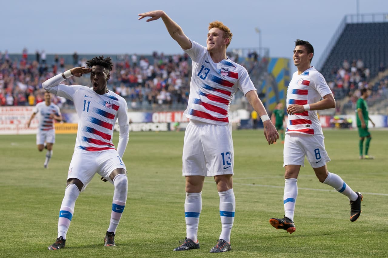 May 28, 2018; Chester, PA, USA; United States forward Josh Sargent (13) celebrates with teammates after scoring against Bolivia during the second half of an international friendly men's soccer match at Talen Energy Stadium. Mandatory Credit: Bill Streicher-USA TODAY Sports