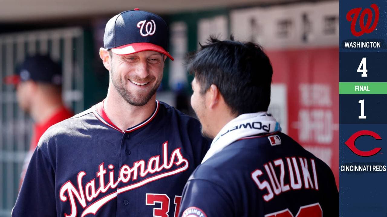 Max Scherzer ponchó a su mayor número de bateadores de esta temporada con 15 y sólo permitió tres hits durante ocho innings, para guiar a los Nacionales de Washington a una victoria el domingo 4-1 sobre Cincinnati.