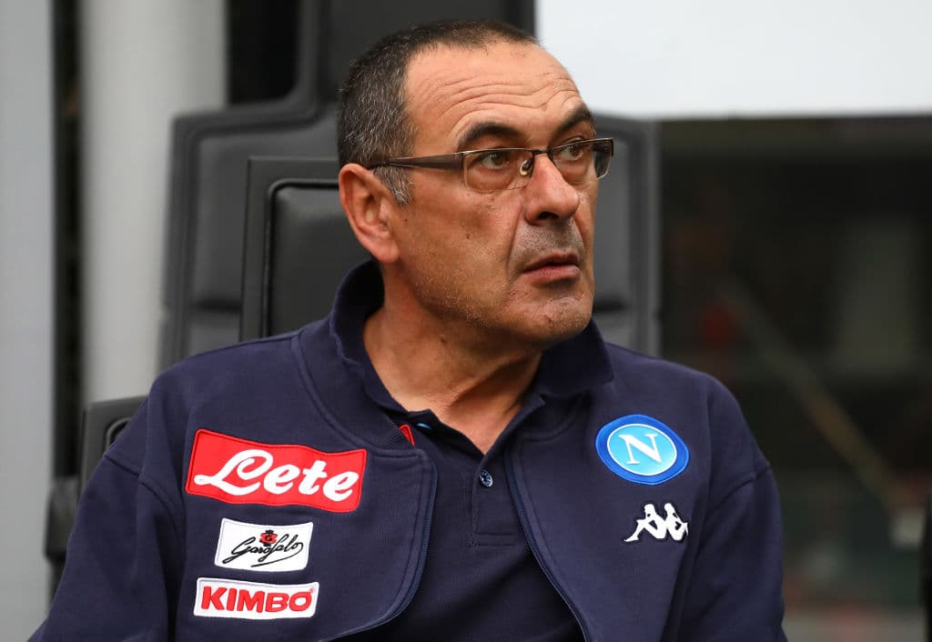 MILAN, ITALY - APRIL 15: SSC Napoli coach Maurizio Sarri looks on before the serie A match between AC Milan and SSC Napoli at Stadio Giuseppe Meazza on April 15, 2018 in Milan, Italy. (Photo by Marco Luzzani/Getty Images)