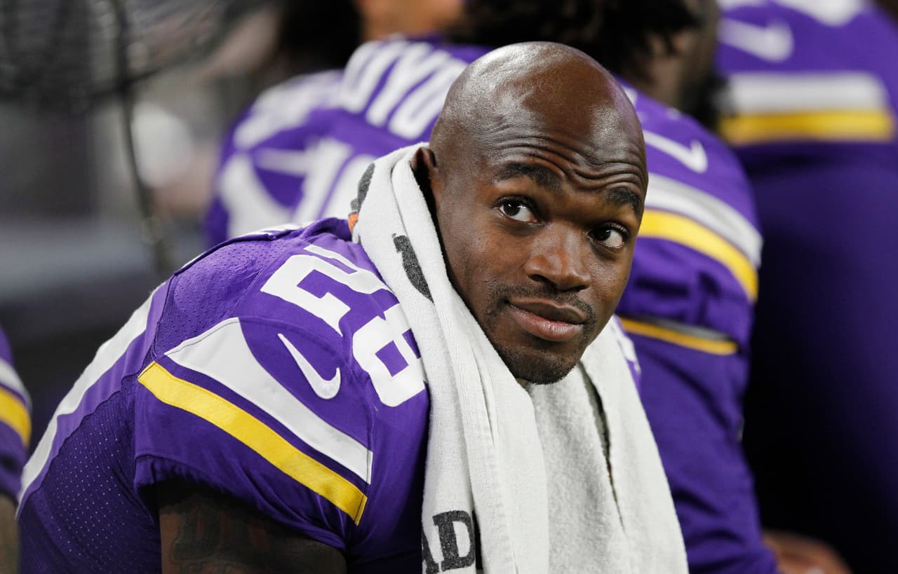 Minnesota Vikings running back Adrian Peterson sits on the bench during the second half of an NFL preseason football game against the Los Angeles Rams Thursday, Sept. 1, 2016, in Minneapolis. (AP Photo/Andy Clayton-King)