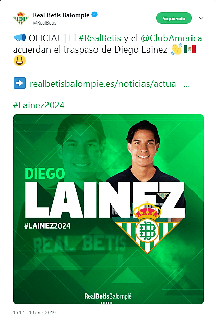 La cuenta oficial del Real Betis Balompié le da la bienvenida al futbolista mexicano.