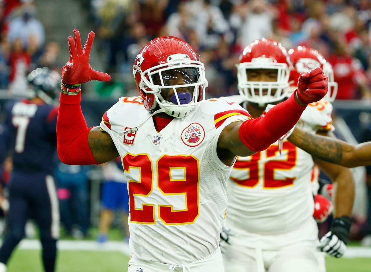 HOUSTON, TX - JANUARY 09: Eric Berry #29 of the Kansas City Chiefs celebrates his first quarter interception against the Houston Texans during the AFC Wild Card Playoff game at NRG Stadium on January 9, 2016 in Houston, Texas. (Photo by Scott Halleran/Getty Images)