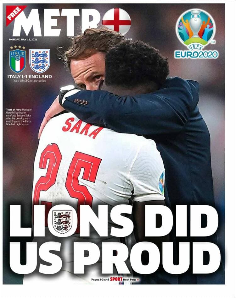 La prensa italiana celebra el campeonato en todos sus ejemplares, dedicándoles la portada a la 'Scuadra Azzurra', mientras que la prensa británica muestra, en la mayoría de sus periódicos muestra al entrenador Gareth Southgate abrazando a Bukayo Saka tras fallar el último penal que le dio la victoria a Italia.