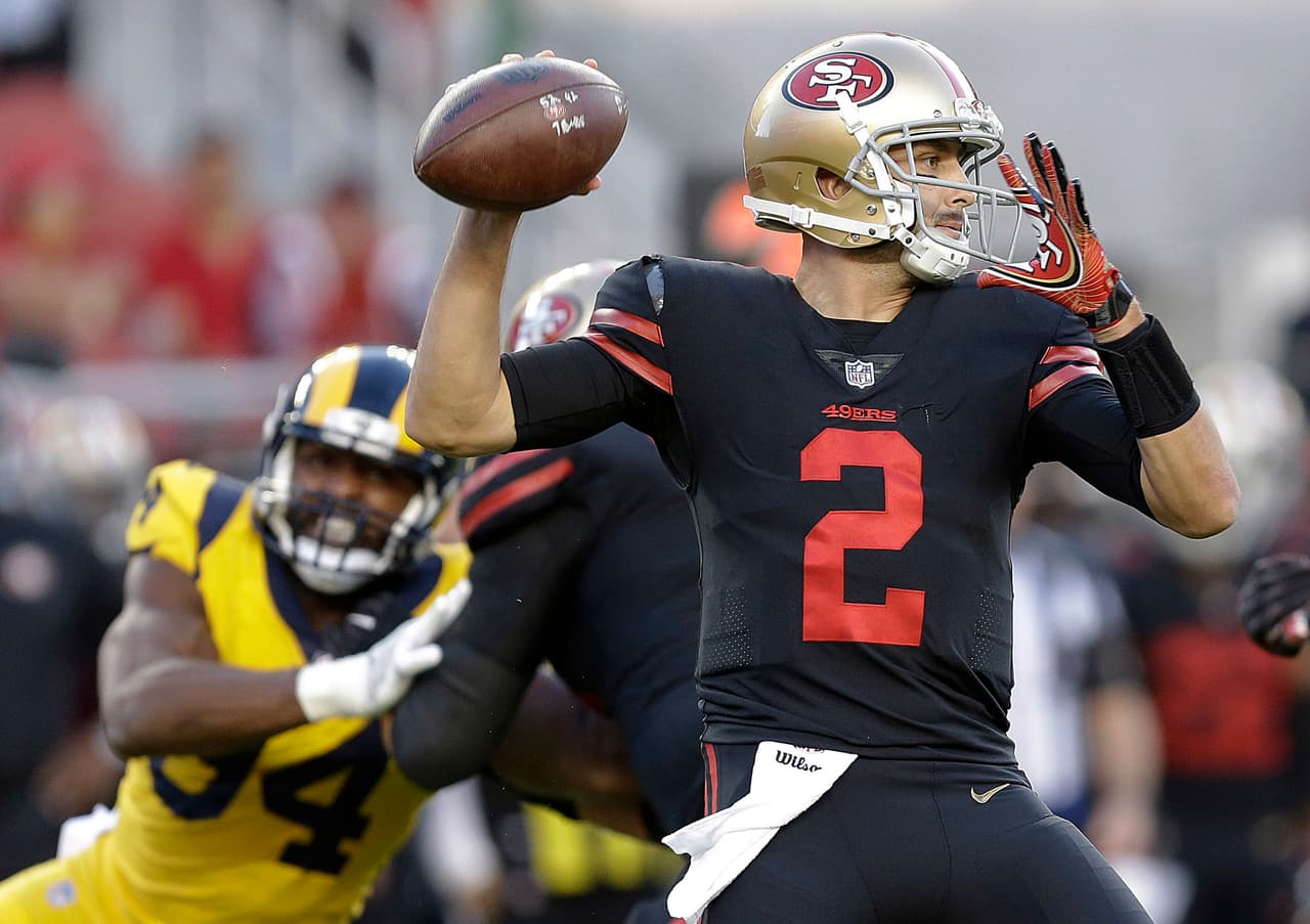San Francisco 49ers quarterback Brian Hoyer (2) throws a pass against the Los Angeles Rams during the first half of an NFL football game in Santa Clara, Calif., Thursday, Sept. 21, 2017. (AP Photo/Ben Margot)