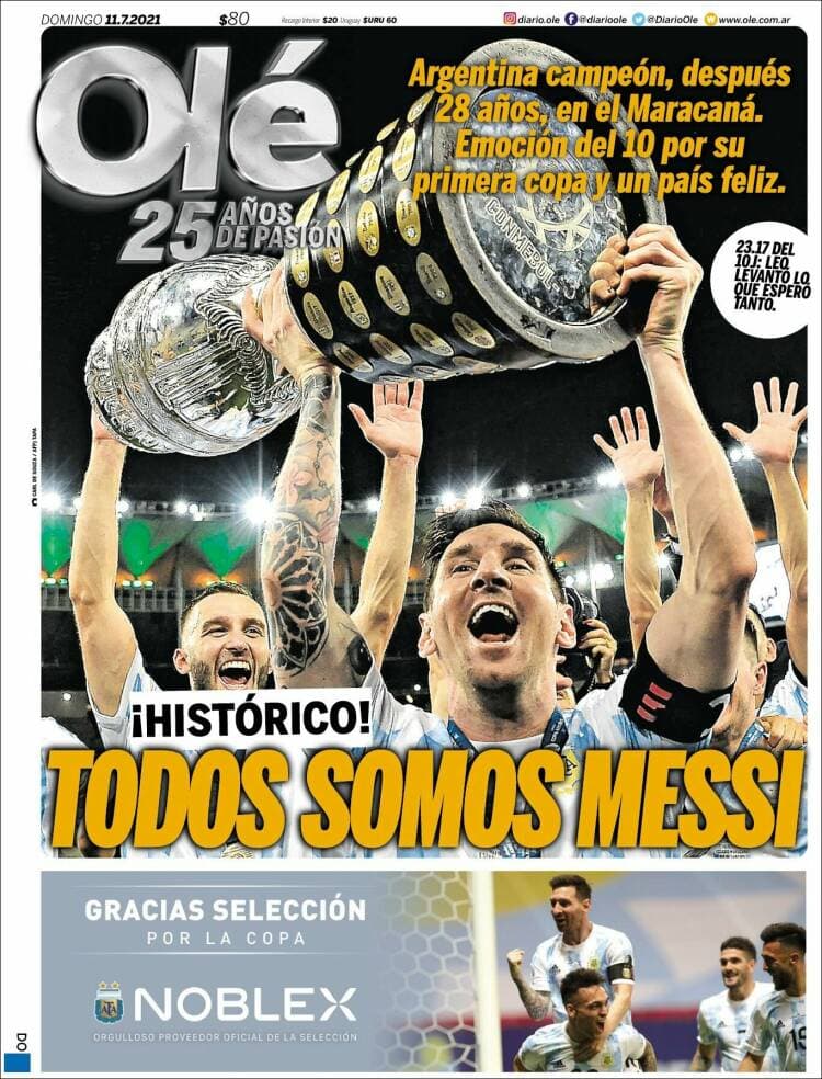 Argentina rompe la maldición y 28 años después consigue, de la mano de Lionel Messi, el título de campeones de la Copa América. La prensa argentina enaltece la hazaña, así como la prensa internacional del continente americano.