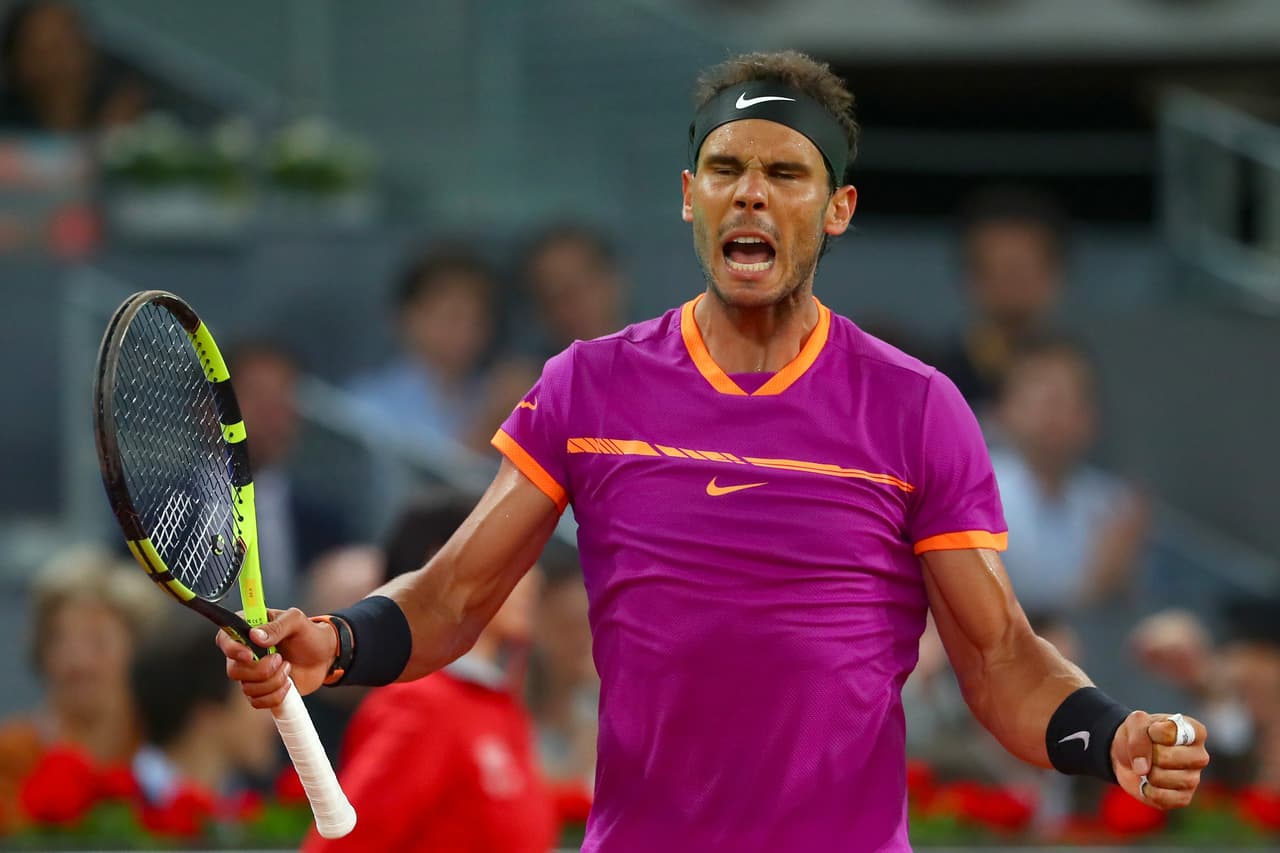 MADRID, SPAIN - MAY 12: Rafael Nadal of Spain celebrates during in his match against David Goffin of Belguim during day six of the Mutua Madrid Open tennis at La Caja Magica on May 12, 2017 in Madrid, Spain (Photo by Clive Rose/Getty Images)
