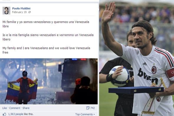 El ex capitán del Milan y de la selección de Italia Paolo Maldini, casado con una venezolana, se siente venezolano también y así lo expresó en Facebook, pidiendo una Venezuela libre en español, inglés e italiano.