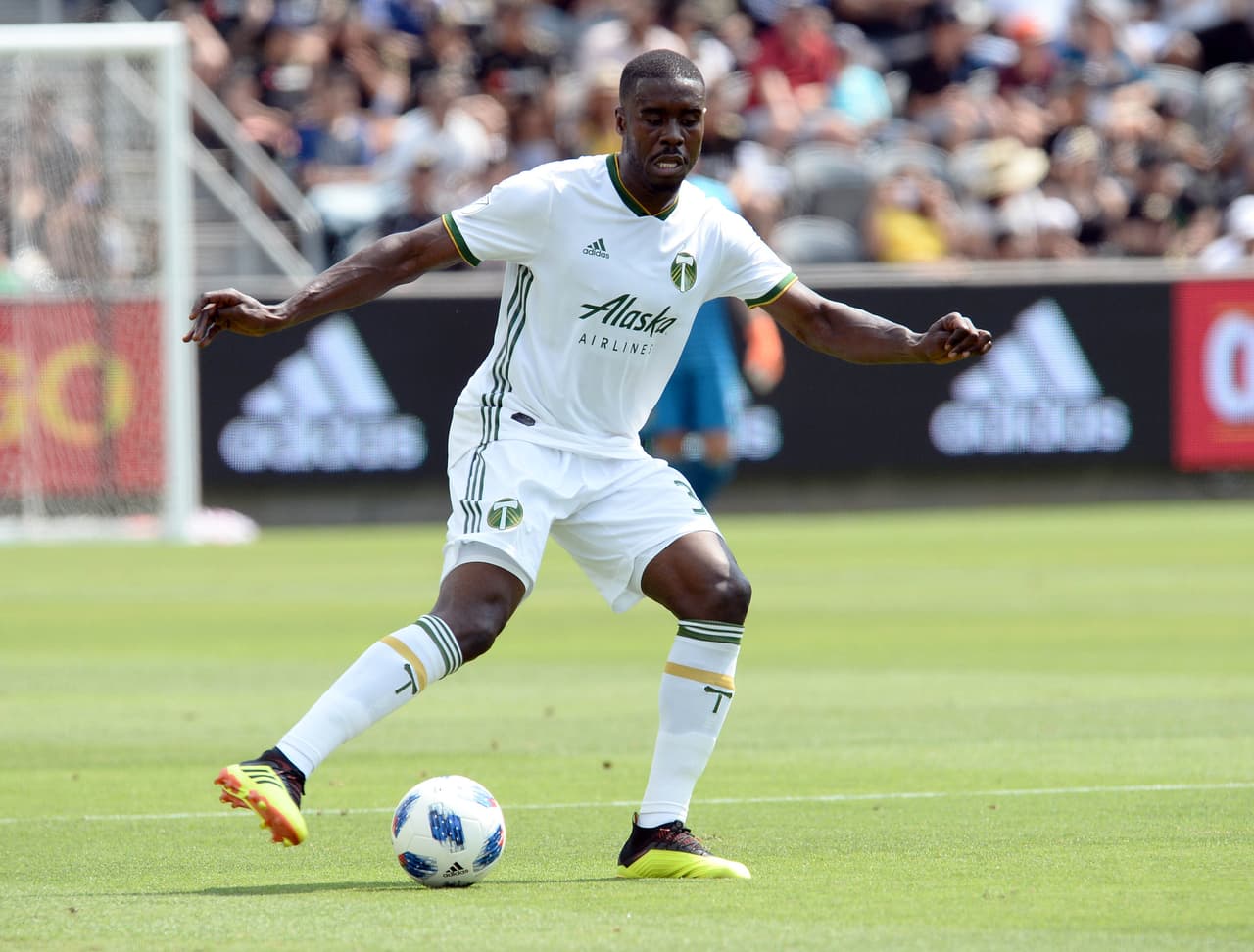 July 15, 2018; Los Angeles, CA, Los Angeles, CA, USA; Portland Timbers defender Larrys Mabiala (33) controls the ball against Los Angeles FC during the first half at Banc of California Stadium. Mandatory Credit: Gary A. Vasquez-USA TODAY Sports
