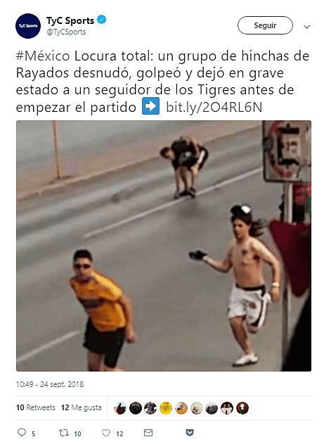 La cadena TyC Sports, de Argentina, reportó lo sucedido también mostrando la foto de uno de los agresores que ya fue identificado en Monterrey.