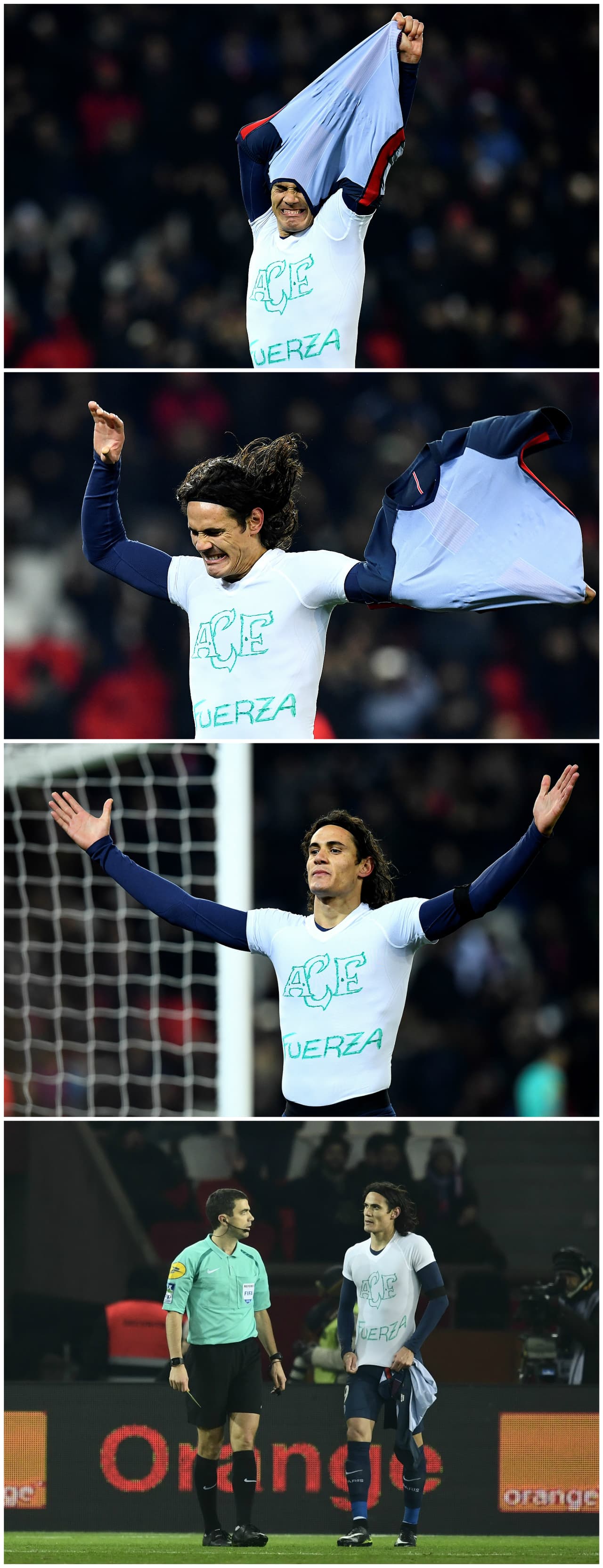 Edinson Cavani se descamisó para dar una mensaje de fuerza a las víctimas del Chapecoense. Y también fue amonestado.