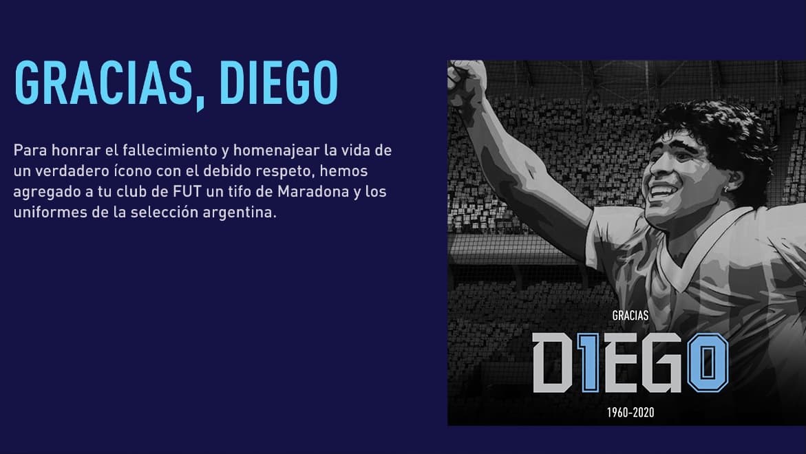Mensaje de FIFA 21 por el fallecimiento de Diego Armando Maradona.