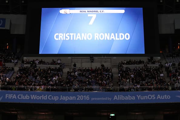 YOKOHAMA, JAPAN - DECEMBER 15: General View of the big screen showing the name of Cristiano Ronaldo of Real Madrid in action during the FIFA Club World Cup Semi Final match between Club America and Real Madrid at International Stadium Yokohama on December 15, 2016 in Yokohama, Japan. (Photo by Matthew Ashton - AMA/Getty Images)
