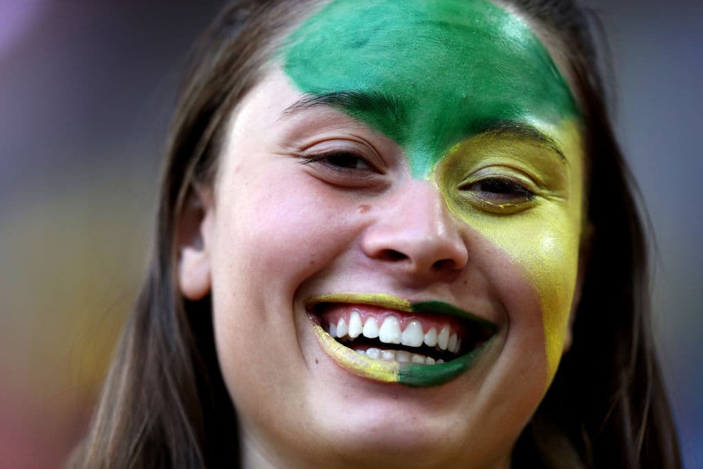 MOSCOW, RUSSIA - JUNE 27: A Brazil fan enjoys the pre match atmosphere prior to the 2018 FIFA World Cup Russia group E match between Serbia and Brazil at Spartak Stadium on June 27, 2018 in Moscow, Russia. (Photo by Buda Mendes/Getty Images)