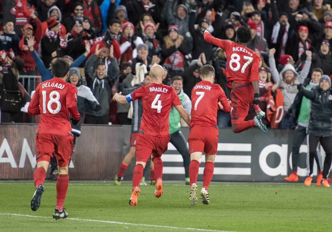 Oct 30, 2016; Toronto, Ontario, CAN; Toronto FC forward Tosaint Ricketts (87) celebrates scoring a goal during the second half of the Conference Semifinals against New York City FC at BMO Field. Toronto FC won 2-0. Mandatory Credit: Nick Turchiaro-USA TODAY Sports