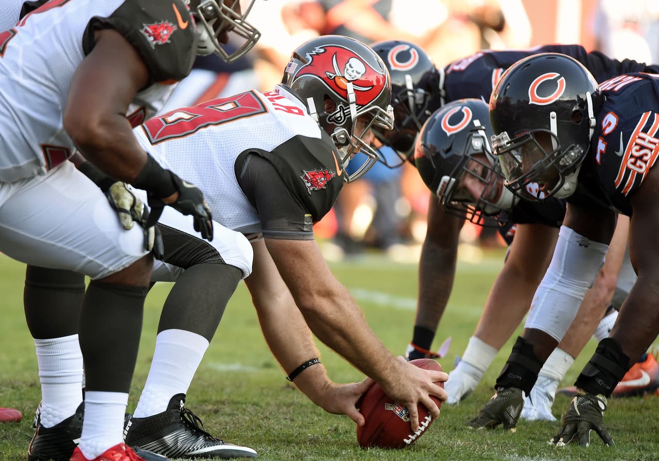Tampa Bay Buccaneers long snapper Andrew DePaola (48) sets for a snap against the Chicago Bears in a week 10 NFL football game Nov. 13, 2016 in Tampa, Fla. The Buccaneers won 36 - 10. (Al Messerschmidt via AP)