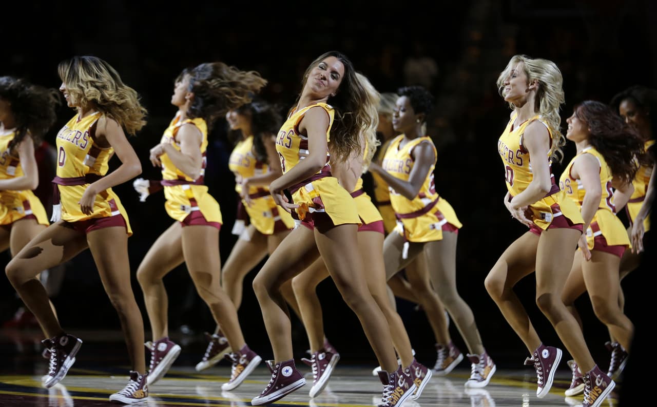 Cleveland Cavaliers cheerleaders perform in the second half of an NBA basketball game between the Atlanta Hawks and the Cleveland Cavaliers, Monday, April 11, 2016, in Cleveland. (AP Photo/Tony Dejak)