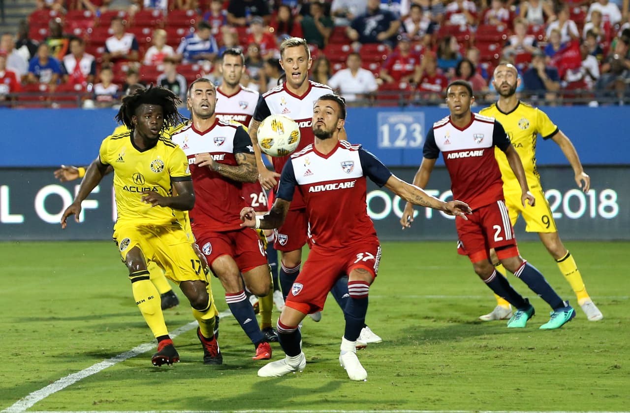 Sep 15, 2018; Frisco, TX, USA; FC Dallas forward Maximiliano Urruti (37) defends a corner kick from Columbus Crew defender Lalas Abubakar (17) during the first half at Toyota Stadium. Mandatory Credit: Kevin Jairaj-USA TODAY Sports
