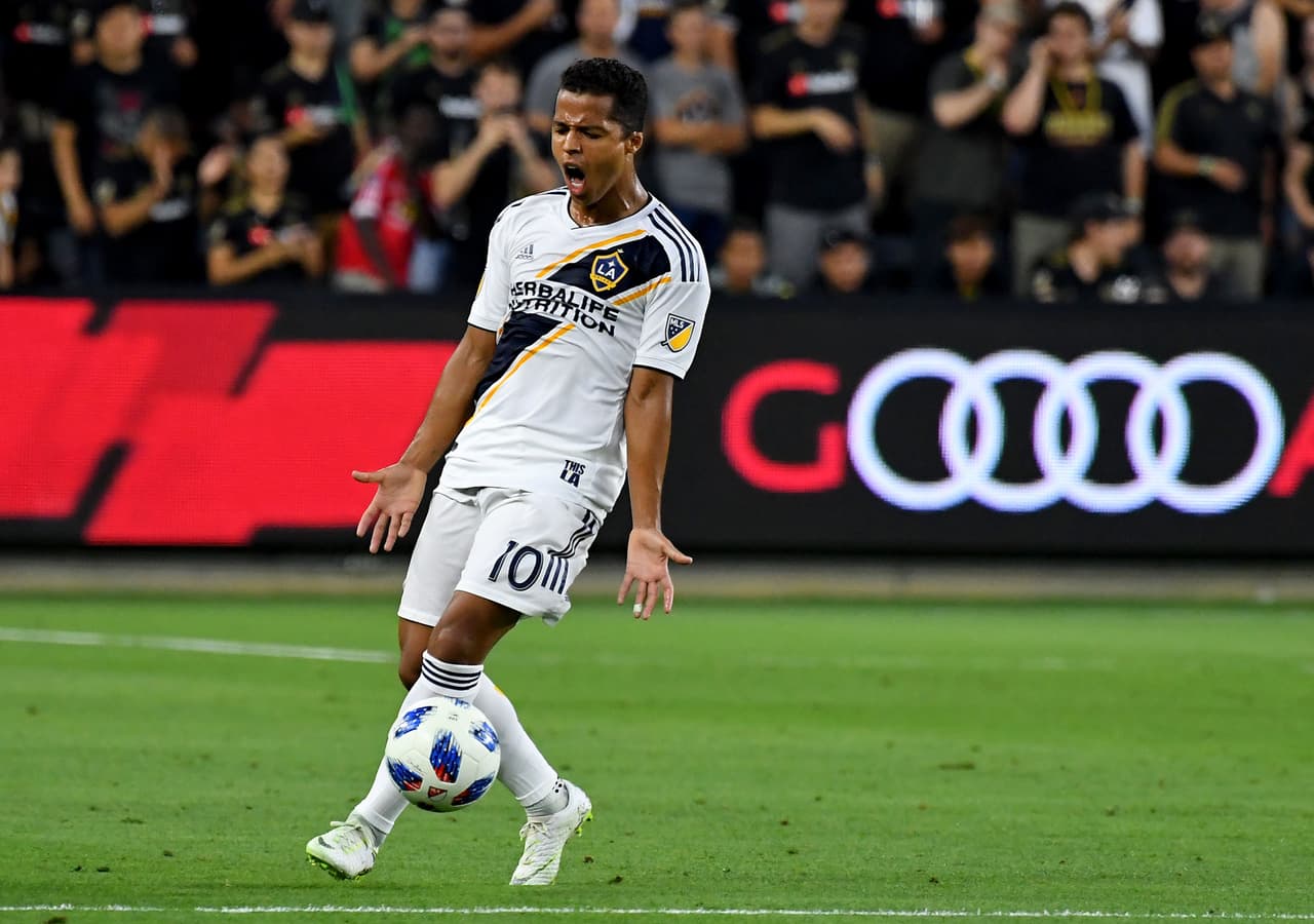 Jul 26, 2018; Los Angeles, CA, USA; Los Angeles Galaxy forward Giovani dos Santos (10) reacts after he was called for a foul in the first half against the Los Angeles FC at Banc of California Stadium. Mandatory Credit: Jayne Kamin-Oncea-USA TODAY Sports