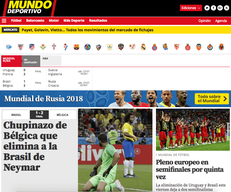 El periódico español, basado en Cataluña, 
<i>Mundo Deportivo</i> resalta la sorpresa del resultado entre brasileños y belgas.