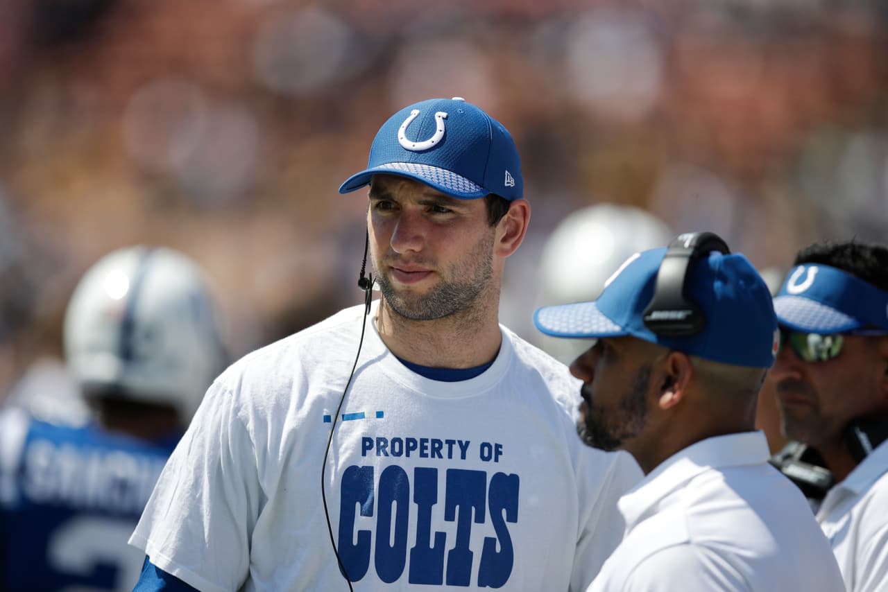 Indianapolis Colts quarterback Andrew Luck watches form the sideline during an NFL football game against the Los Angeles Rams Sunday, Sept. 10, 2017, in Los Angeles. (AP Photo/Jae C. Hong)
