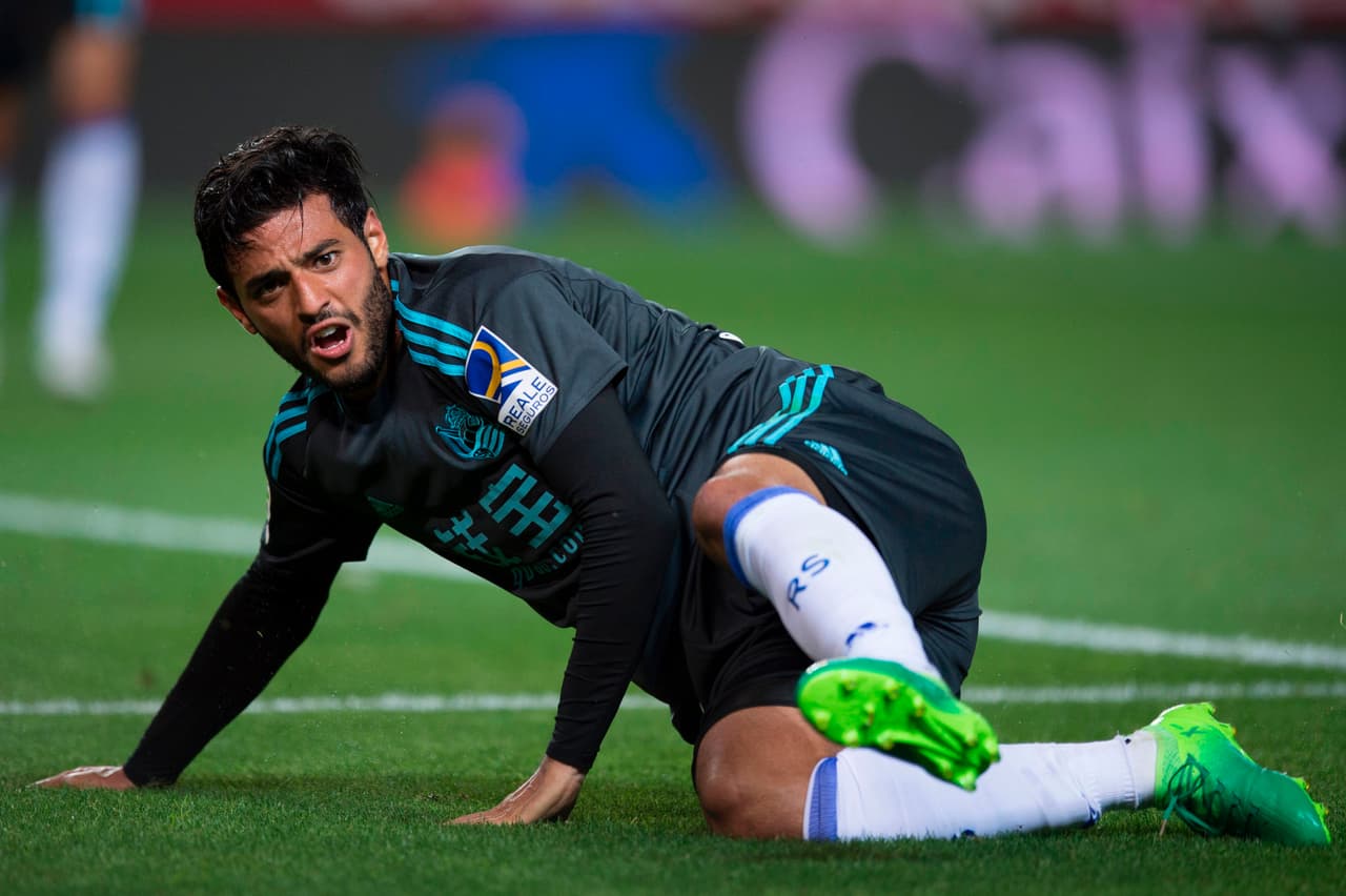 Real Sociedad's Mexican forward Carlos Alberto Vela celebrates after scoring during the Spanish league football match Sevilla FC vs Real Sociedad at the Ramon Sanchez Pizjuan stadium in Sevilla on May 5, 2017. / AFP PHOTO / JORGE GUERRERO (Photo credit should read JORGE GUERRERO/AFP/Getty Images)