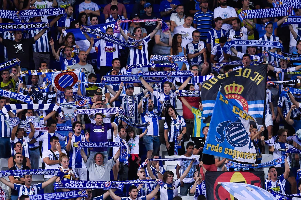 BARCELONA, SPAIN - AUGUST 30: RCD Espanyol fans cheer on their team during the La Liga Match between RCD Espanyol and Sevilla FC at Cornella-El Prat Stadium on August 30, 2014 in Barcelona, Spain. (Photo by David Ramos/Getty Images)