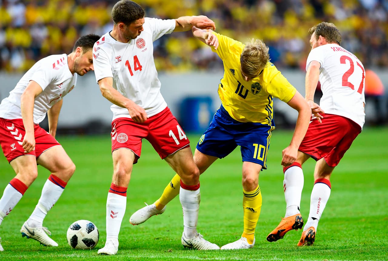 Sweden's midfielder Emil Forsberg (2nd R) vies with Denmark's defender Henrik Dalsgaard (2nd L) during the international friendly footbal match Sweden v Denmark in Solna, Sweden on June 2, 2018. (Photo by Jonathan NACKSTRAND / AFP) (Photo credit should read JONATHAN NACKSTRAND/AFP/Getty Images)