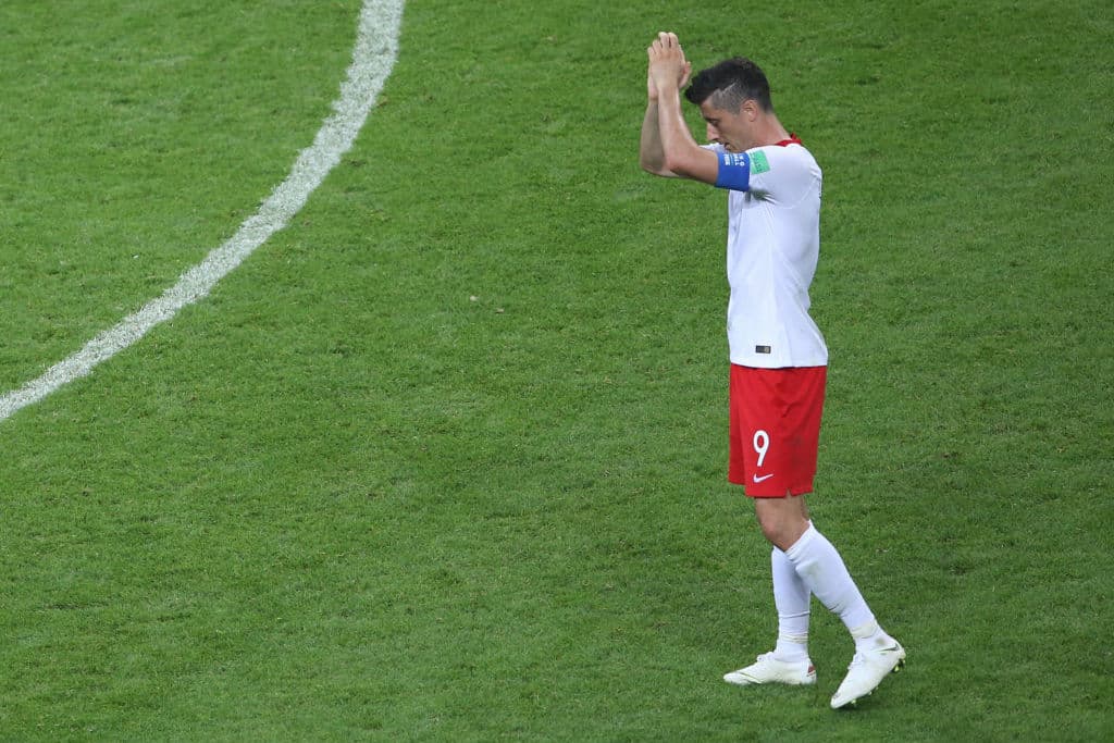 Poland's forward Robert Lewandowski reacts after being defeated by Colombia at the end of the Russia 2018 World Cup Group H football match between Poland and Colombia at the Kazan Arena in Kazan on June 24, 2018. (Photo by Roman Kruchinin / AFP) / RESTRICTED TO EDITORIAL USE - NO MOBILE PUSH ALERTS/DOWNLOADS (Photo credit should read ROMAN KRUCHININ/AFP/Getty Images)