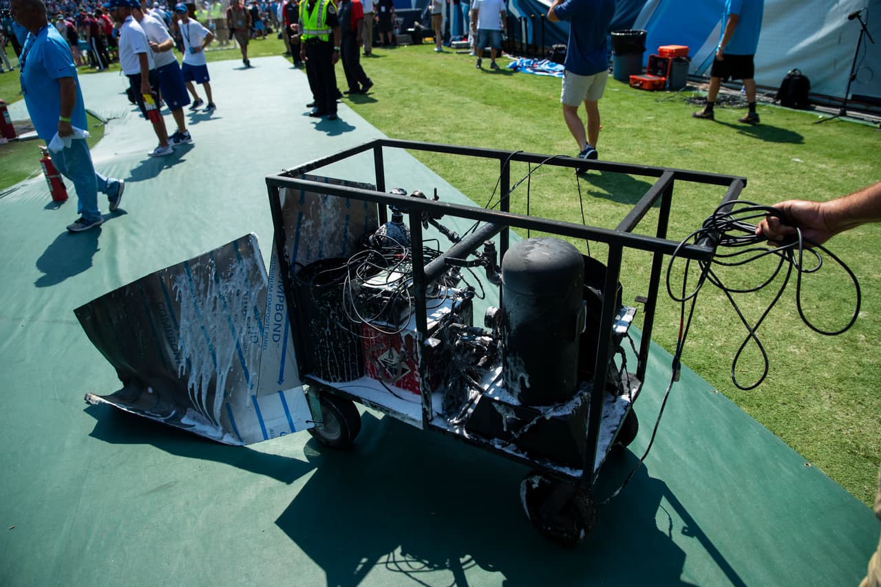 NASHVILLE, TN - SEPTEMBER 15: Detail view of a failed pyrotechnic device that burst into flames before the game between the Tennessee Titans and the Indianapolis Colts at Nissan Stadium on September 15, 2019 in Nashville, Tennessee. (Photo by Brett Carlsen/Getty Images)