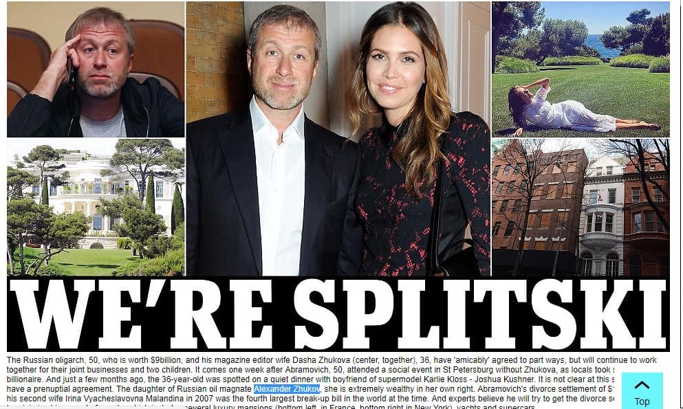 Finalmente, los tabloides británicos han dado la noticia: Abramovich y Zhukova oficialmente se divorcian en lo que promete ser el divorcio más caro de la historia.