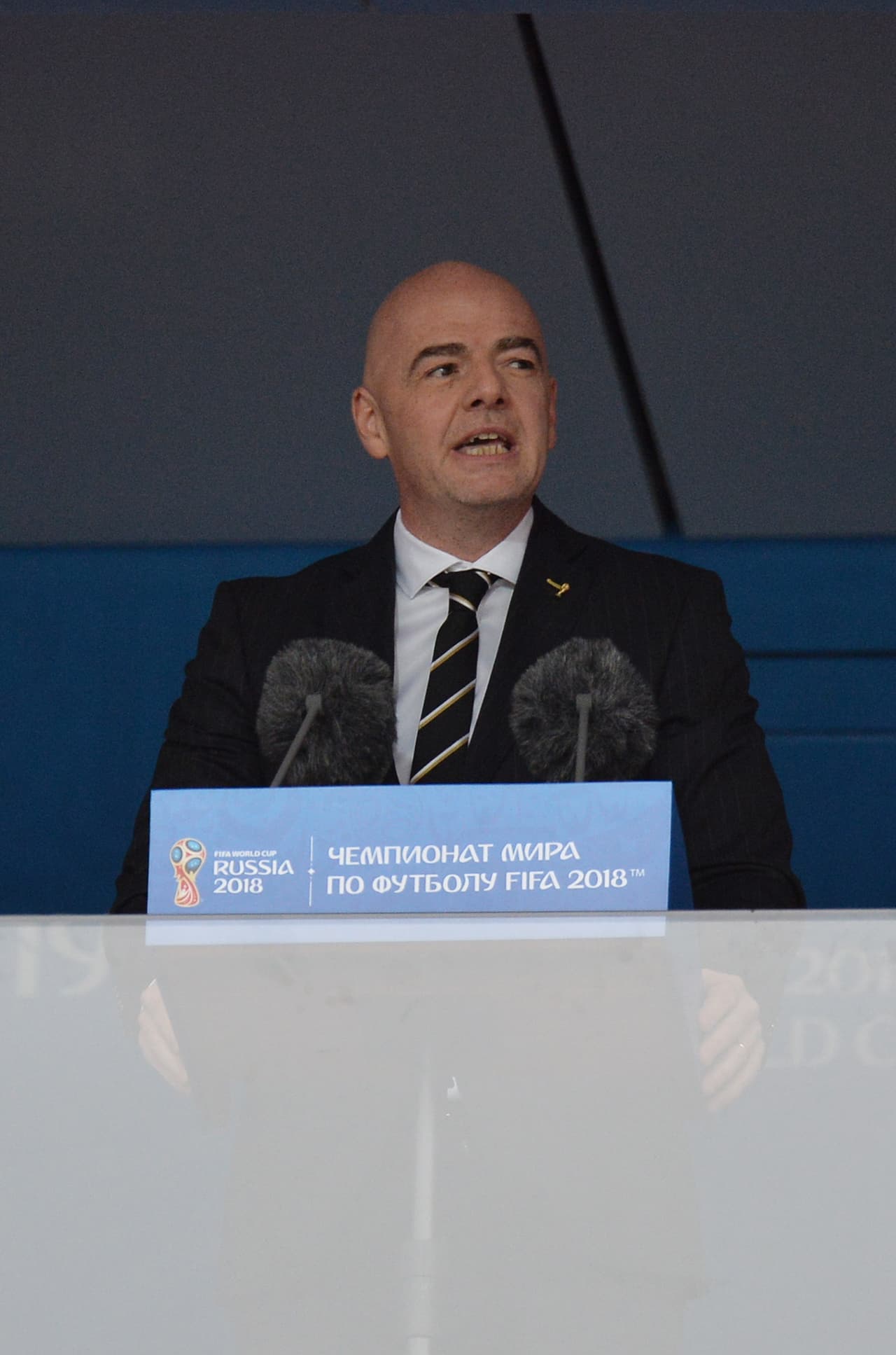 Infantino pronunció unas palabras de apertura del Mundial frente a los miles de seguidores en el Luzhniki y para la televisión internacional.
