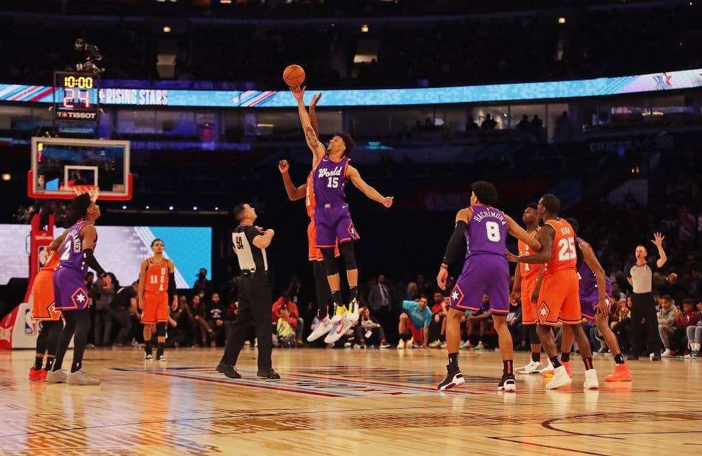 CHICAGO, ILLINOIS - FEBRUARY 14: Brandon Clarke #15 of the World team wins the opening tip against the USA at the United Center on February 14, 2020 in Chicago, Illinois. NOTE TO USER: User expressly acknowledges and agrees that, by downloading and or using this photograph, User is consenting to the terms and conditions of the Getty Images License Agreement. (Photo by Jonathan Daniel/Getty Images)