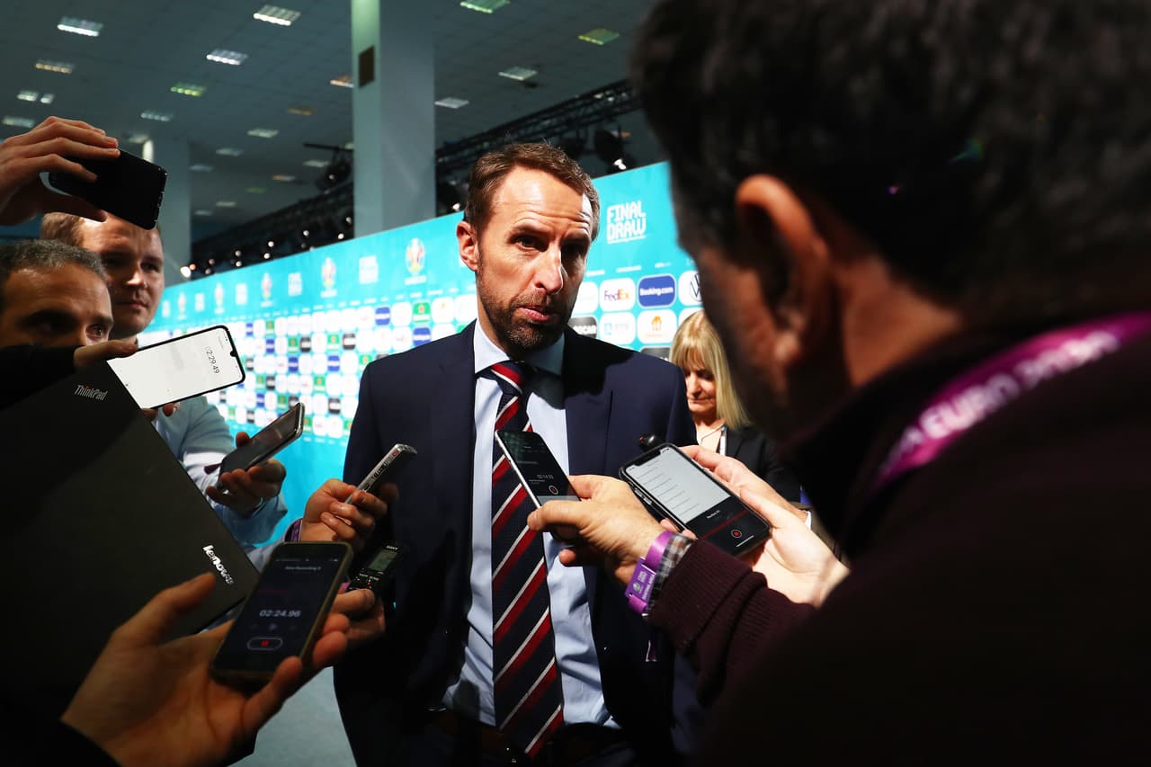 BUCHAREST, ROMANIA - NOVEMBER 30: Gareth Southgate, Head Coach of England speaks to the media following the UEFA Euro 2020 Final Draw Ceremony at the Romexpo on November 30, 2019 in Bucharest, Romania. (Photo by Dean Mouhtaropoulos/Getty Images)