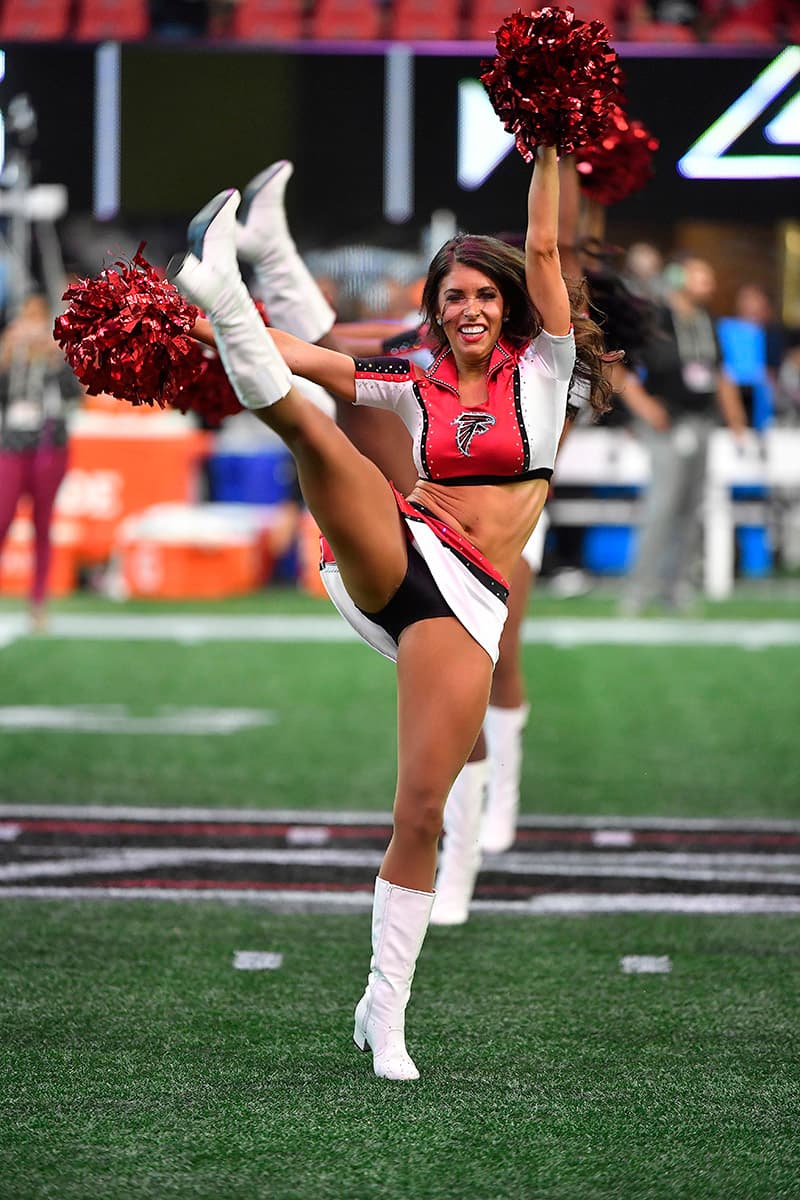 Atlanta Falcons cheerleaders perform during the first half of an NFL preseason football game between the Atlanta Falcons and the Kansas City Chiefs, Friday, Aug. 17, 2018, in Atlanta. (AP Photo/John Amis)