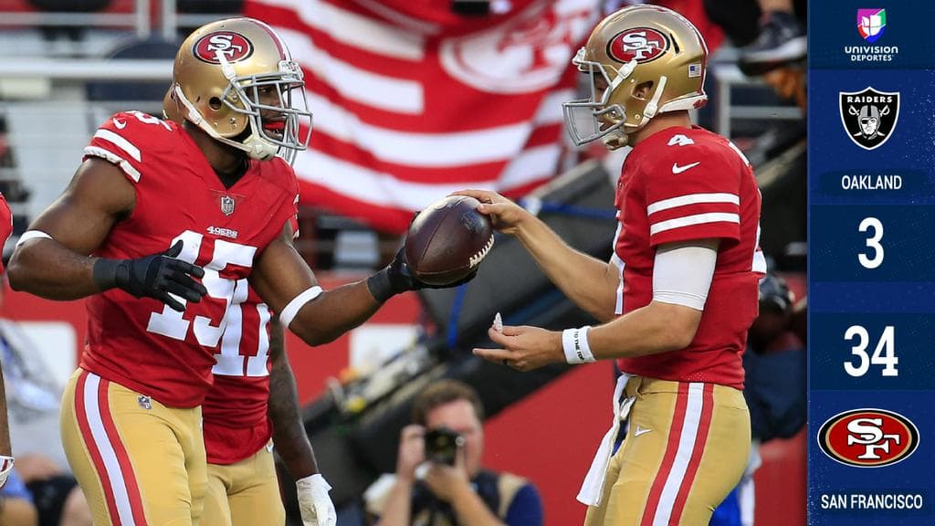 <b>Oakland 3-34 San Francisco</b>. Una gran actuación del tercer quarterback de los 49ers Nick Mullens, con tres pases de touchdown, ayudó a la paliza de San Francisco a Oakland en duelo de vecinos.
