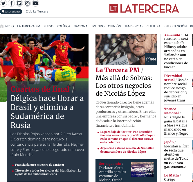 El diario chileno 
<i>La Tercera</i> con contundencia sobre la derrota de la selección brasileña.