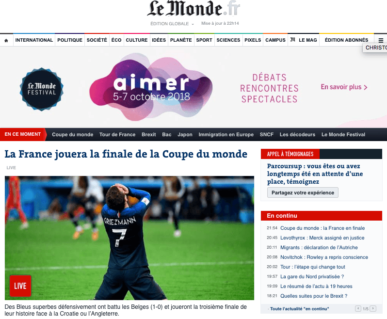 El diario francés 
<i>Le Monde</i>: "Francia jugará la Final de la Copa del Mundo".