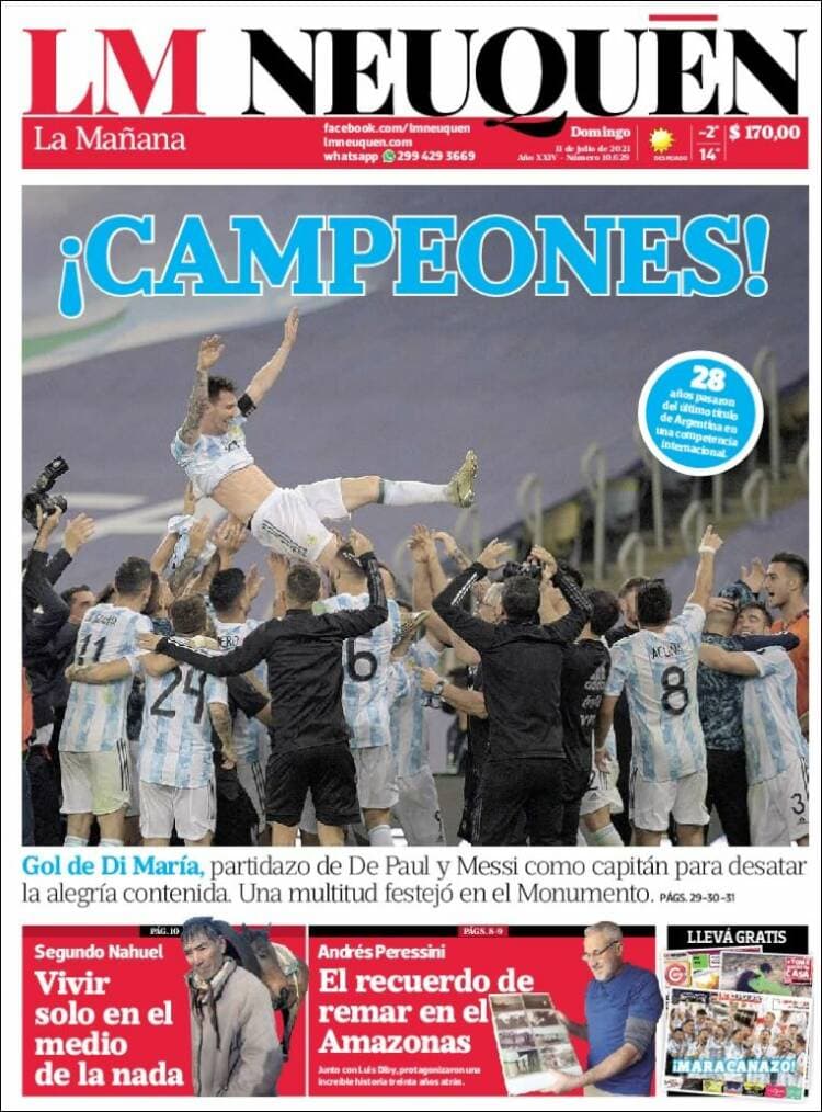 Argentina rompe la maldición y 28 años después consigue, de la mano de Lionel Messi, el título de campeones de la Copa América. La prensa argentina enaltece la hazaña, así como la prensa internacional del continente americano.