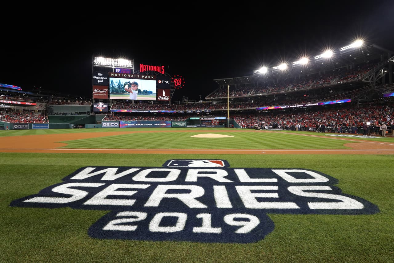 WASHINGTON, DC - OCTOBER 25: A detail of the World Series logo prior to Game Three of the 2019 World Series between the Houston Astros and the Washington Nationals at Nationals Park on October 25, 2019 in Washington, DC. (Photo by Patrick Smith/Getty Images)
