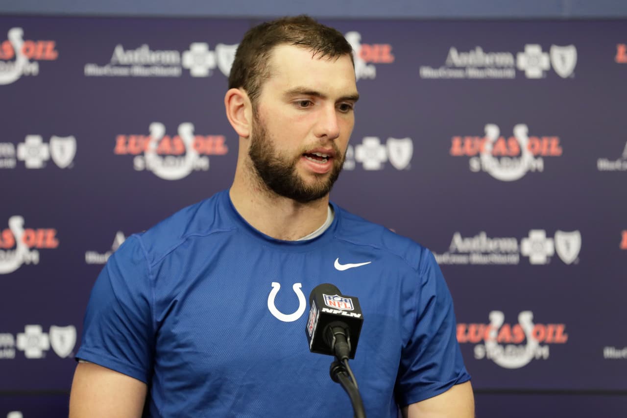 Indianapolis Colts quarterback Andrew Luck (12) speaks during a press conference following an NFL football game against the Tennessee Titans in Indianapolis, Sunday, Nov. 20, 2016. The Colts defeated the Titans 24-17. (AP Photo/Darron Cummings)