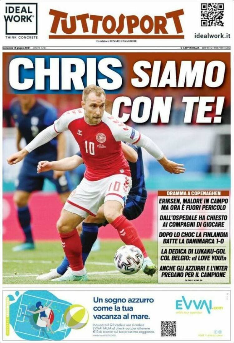 Estas fueron las portadas de la prensa tras el accidente del futbolista Christian Eriksen durante el partido Dinamarca-Finlandia en la Euro 2020.