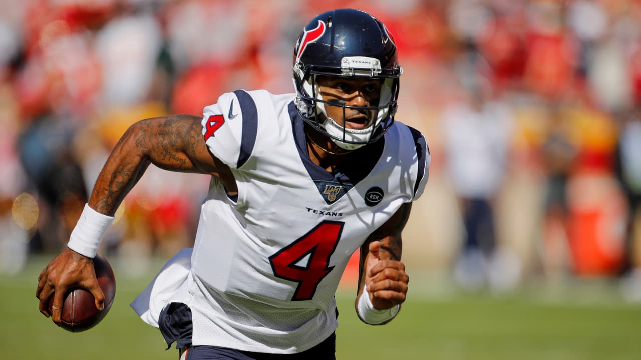 Houston Texans quarterback Deshaun Watson (4) carries the ball during the first half of an NFL football game against the Kansas City Chiefs in Kansas City, Mo., Sunday, Oct. 13, 2019. (AP Photo/Colin E. Braley)