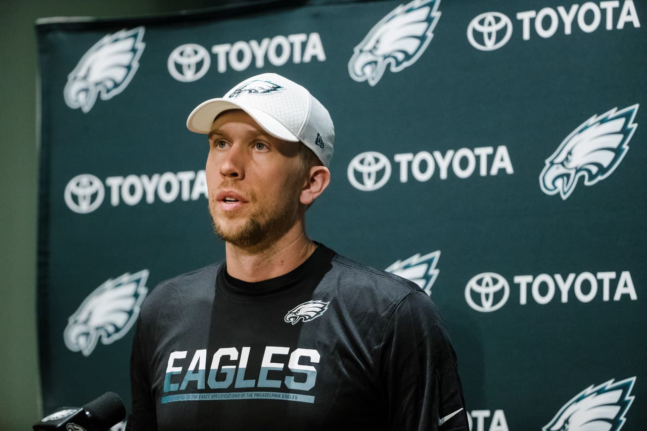 Philadelphia Eagles quarterback Nick Foles speaks with members of the media during a news conference at the team's NFL football training facility in Philadelphia, Tuesday, Dec. 12, 2017. (AP Photo/Matt Rourke)