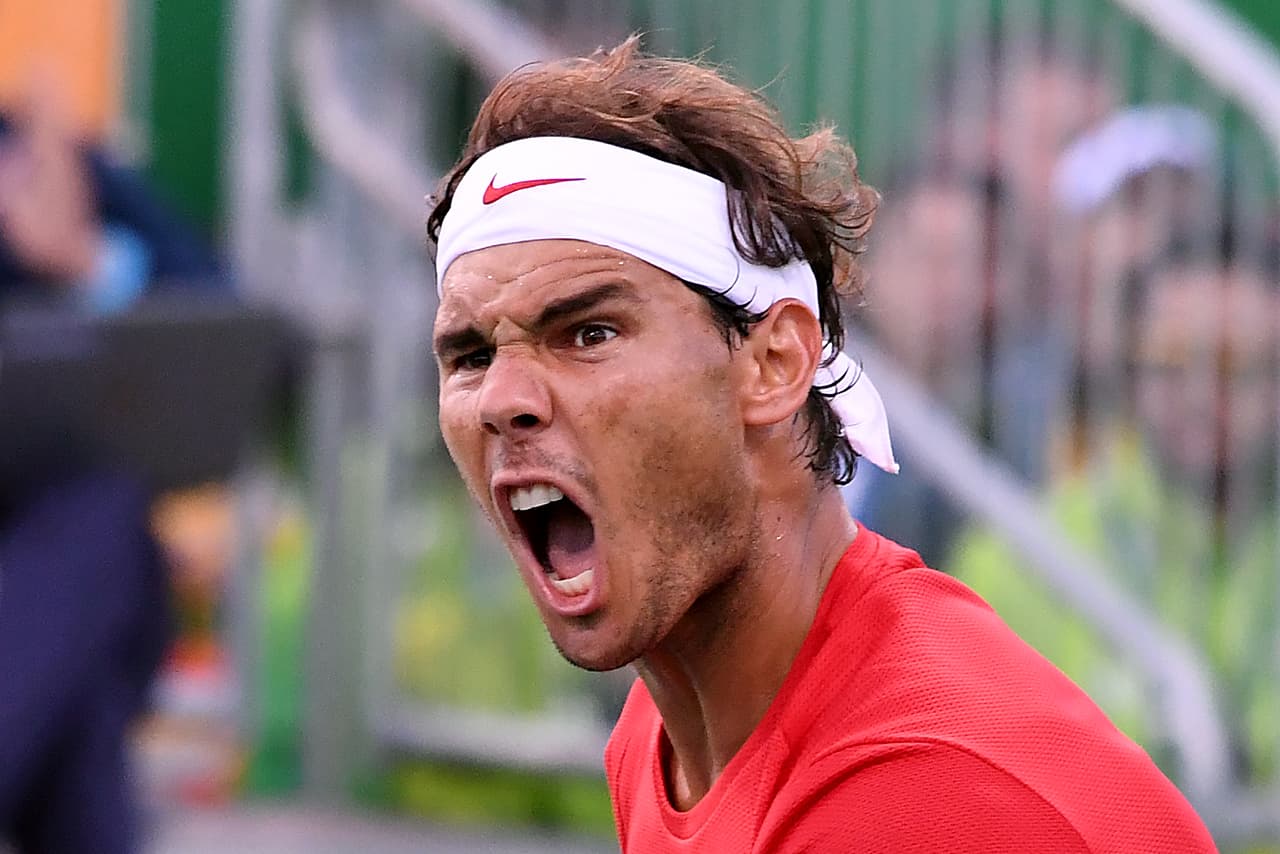 La estrella del tenis español Rafael Nadal luego de terminar victorioso el partido de dobles ante Canadá.